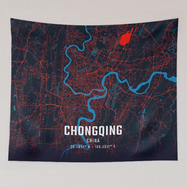 Item preview, Chongqing Red & Blue Minimalist Map designed and sold by HomeLivingCo.