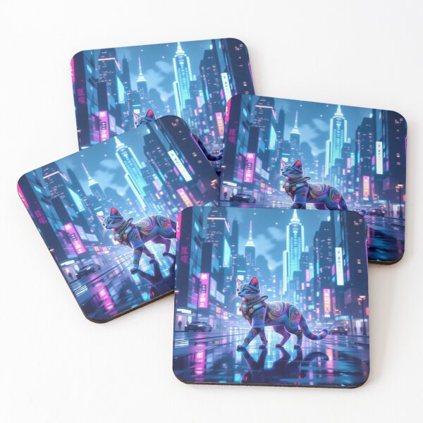 Item preview, Neon Dream Cat – surreal feline in futuristic city lights & cosmic reflections designed and sold by FotoworldEdel.
