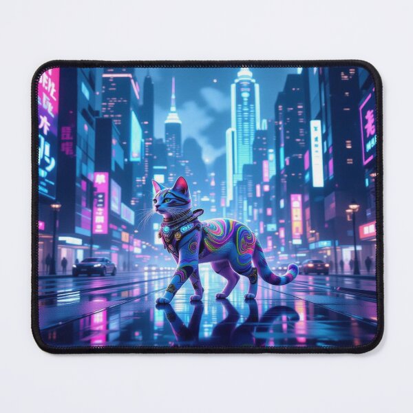 Item preview, Neon Dream Cat – surreal feline in futuristic city lights & cosmic reflections designed and sold by FotoworldEdel.