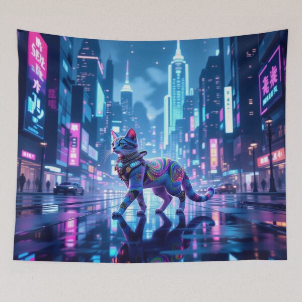 Item preview, Neon Dream Cat – surreal feline in futuristic city lights & cosmic reflections designed and sold by FotoworldEdel.