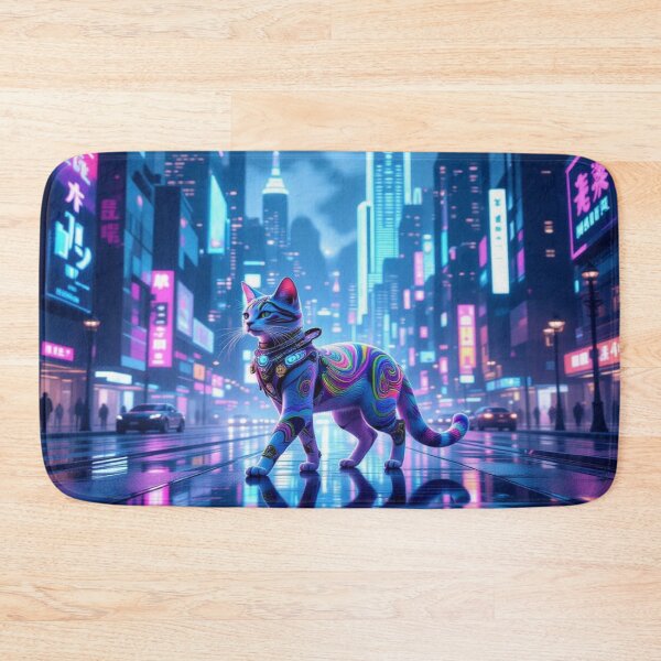 Item preview, Neon Dream Cat – surreal feline in futuristic city lights & cosmic reflections designed and sold by FotoworldEdel.