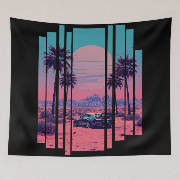 Item preview, 80s retro-futuristic landscape with palm trees and a sports car neon colors 4 designed and sold by Neon G.