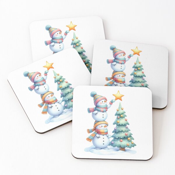 Item preview, Two smiling cute snowmen placing a star on Christmas tree designed and sold by Bela Mehta.