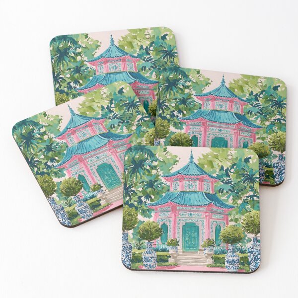 Item preview, Chinoiserie pagoda and topiaries in ginger jar watercolor designed and sold by SophieClimaArt.