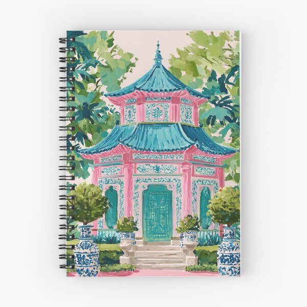 Item preview, Chinoiserie pagoda and topiaries in ginger jar watercolor designed and sold by SophieClimaArt.