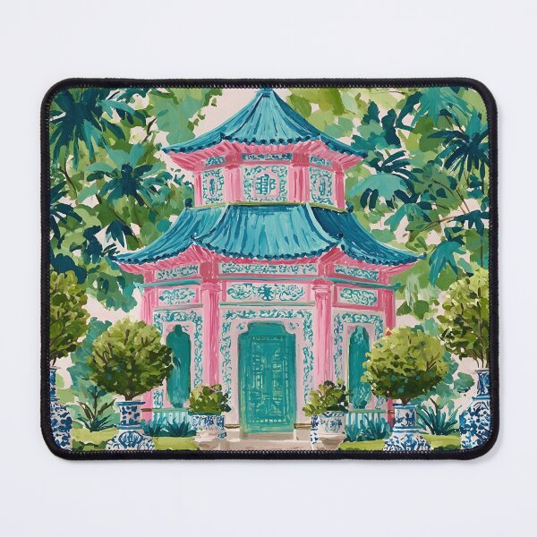 Item preview, Chinoiserie pagoda and topiaries in ginger jar watercolor designed and sold by SophieClimaArt.