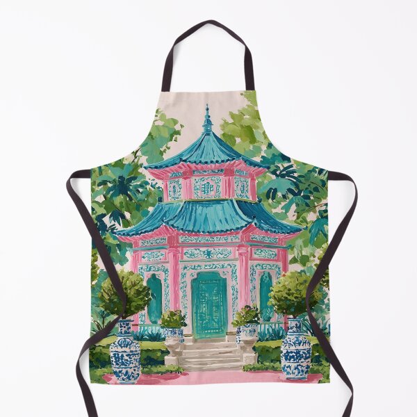Item preview, Chinoiserie pagoda and topiaries in ginger jar watercolor designed and sold by SophieClimaArt.