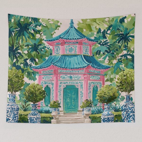 Item preview, Chinoiserie pagoda and topiaries in ginger jar watercolor designed and sold by SophieClimaArt.