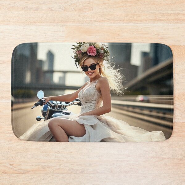 Item preview, Bride on Motorcycle with Floral Crown in Elegant Gown — Urban Bridal Fashion Portrait designed and sold by AnTartstudios.