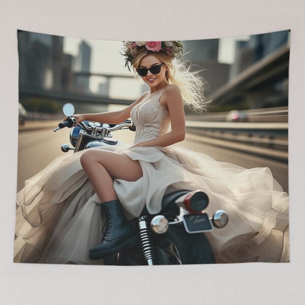 Item preview, Bride on Motorcycle with Floral Crown in Elegant Gown — Urban Bridal Fashion Portrait designed and sold by AnTartstudios.