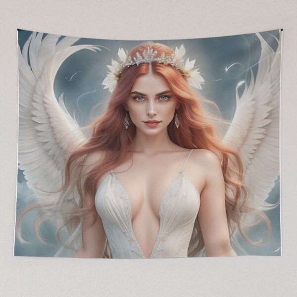 Item preview,  Fantasy Air Goddess – Red-Haired Woman in Flowing Dress Retro Art Print designed and sold by MissSaylor.