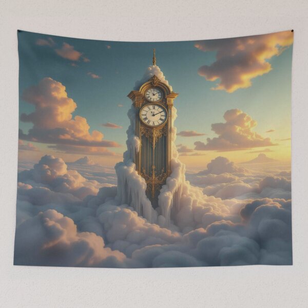 Item preview, Clouds & Time – surreal clock tower rising through dreamy skies with golden details & mystic vibes designed and sold by FotoworldEdel.
