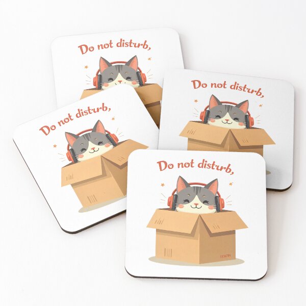 Item preview, Introvert Cat wearing headphones in a cardboard box with a do not disturb sign, creating a cozy atmosphere designed and sold by SpaceartLilu.