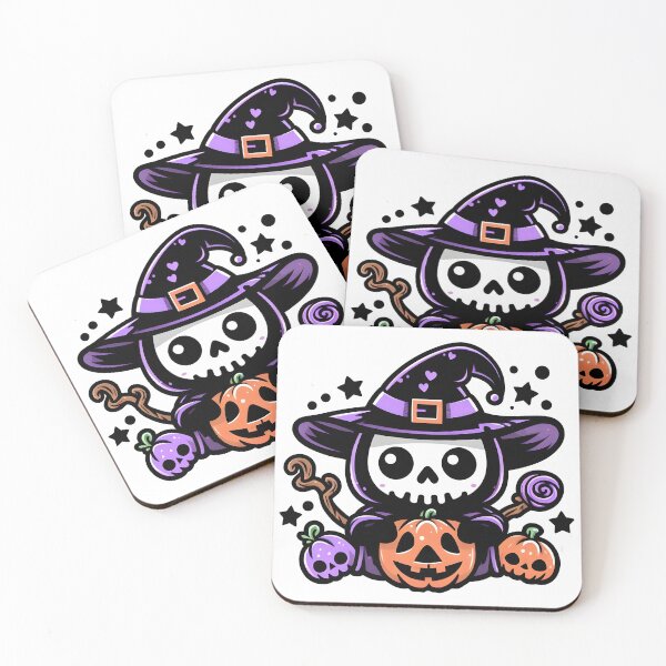 Item preview, Kawaii Skeleton Witch with Pumpkins and Candy Halloween Art. designed and sold by The-T-In-Retro.