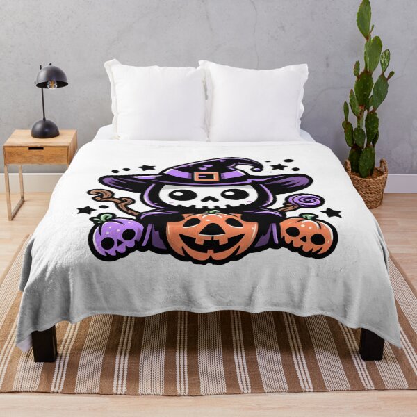 Item preview, Kawaii Skeleton Witch with Pumpkins and Candy Halloween Art. designed and sold by The-T-In-Retro.