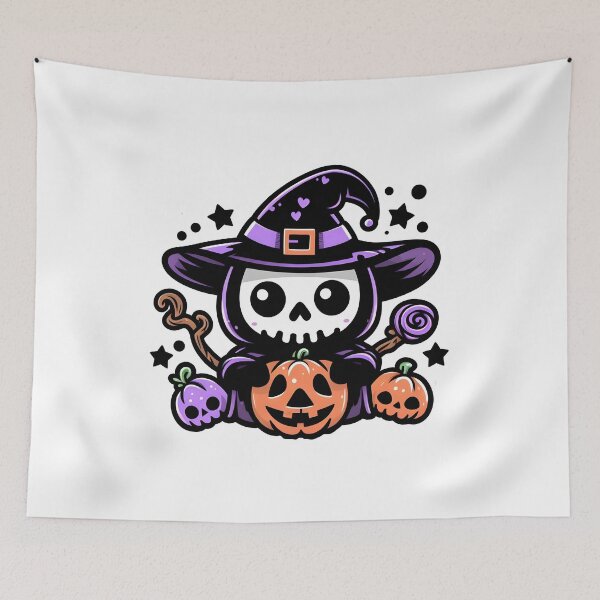 Item preview, Kawaii Skeleton Witch with Pumpkins and Candy Halloween Art. designed and sold by The-T-In-Retro.