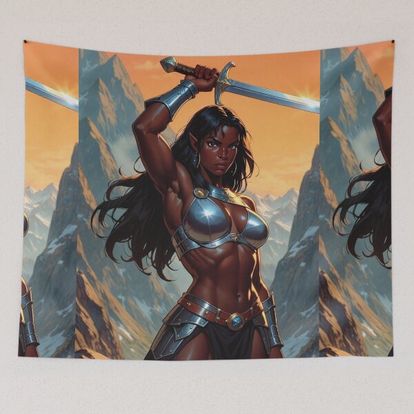 Item preview, Black Warrior woman with sword fantasy art illustration designed and sold by Vintage Designs +.