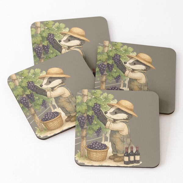Item preview, Cute Badger harvesting grapes watercolor illustration designed and sold by BigBlueArt.