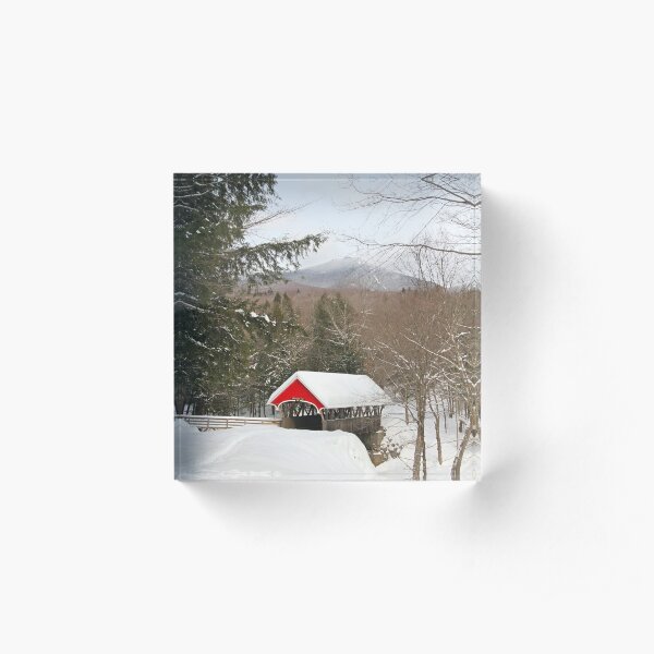 Red Covered Bridge in a Snowy Mountain Landscape Acrylic Block