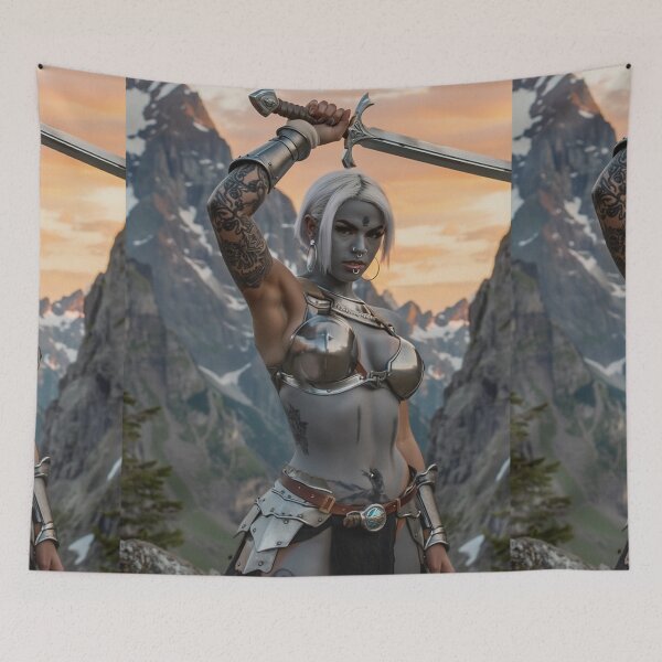 Item preview, Dark Elf Warrior woman with sword fantasy art illustration designed and sold by Vintage Designs +.