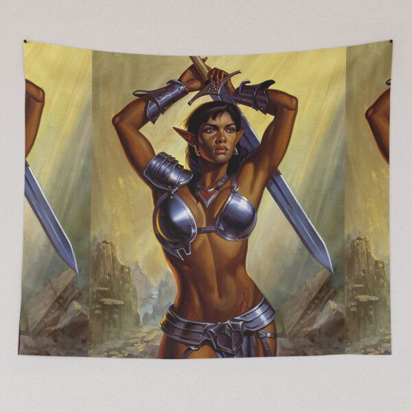 Item preview,  Dark Elf Warrior woman with sword fantasy art illustration designed and sold by Vintage Designs +.