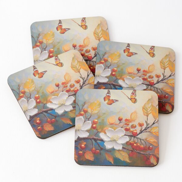 Item preview, Warm and cosy Autumn leaves colours, white flower, berries and butterflies, VINTAGE leaf textured pattern botanicals thick oil painting, burnt orange and brown designed and sold by navitalidesign.