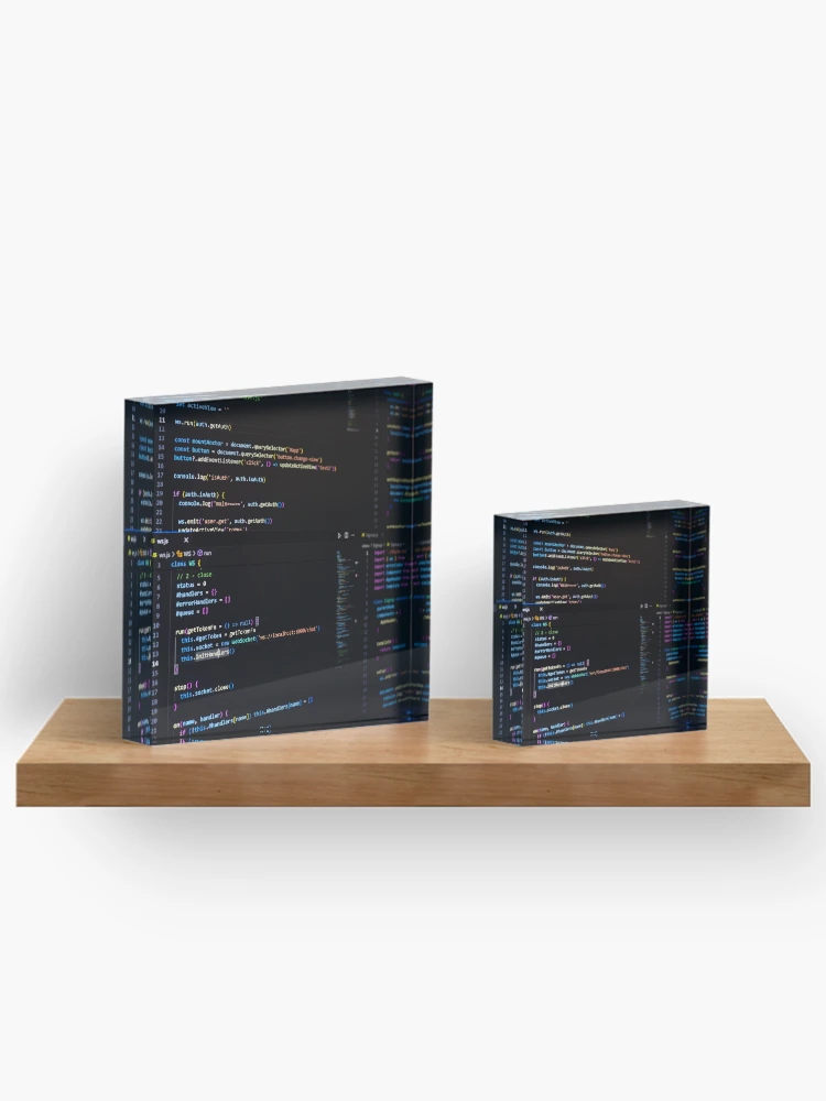 Thumbnail 3 of 5, Acrylic Block, Developer screen with code on dark background, JavaScript programming language. designed and sold by RinaZik.