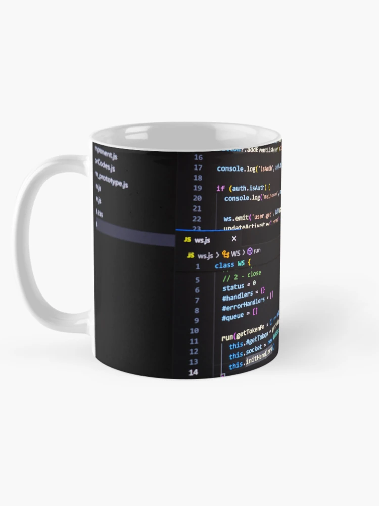 Thumbnail 5 of 6, Coffee Mug, Developer screen with code on dark background, JavaScript programming language. designed and sold by RinaZik.