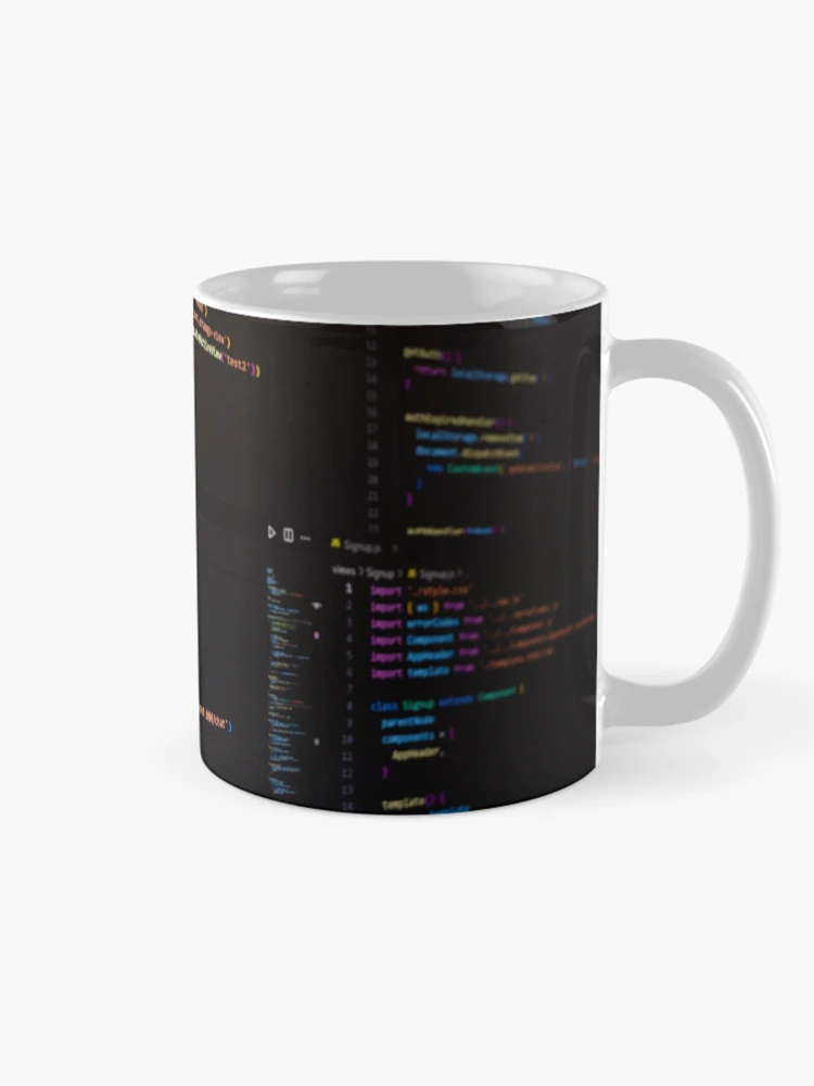 Thumbnail 3 of 6, Coffee Mug, Developer screen with code on dark background, JavaScript programming language. designed and sold by RinaZik.