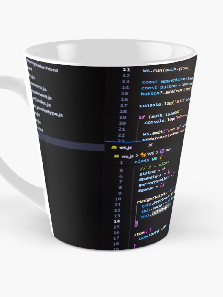 Thumbnail 3 of 4, Coffee Mug, Developer screen with code on dark background, JavaScript programming language. designed and sold by RinaZik.