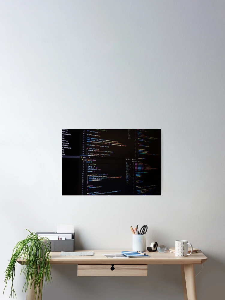 Thumbnail 2 of 3, Poster, Developer screen with code on dark background, JavaScript programming language. designed and sold by RinaZik.