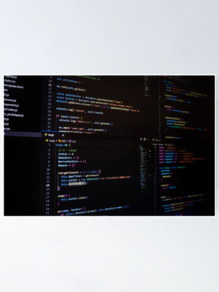 Thumbnail 1 of 3, Poster, Developer screen with code on dark background, JavaScript programming language. designed and sold by RinaZik.