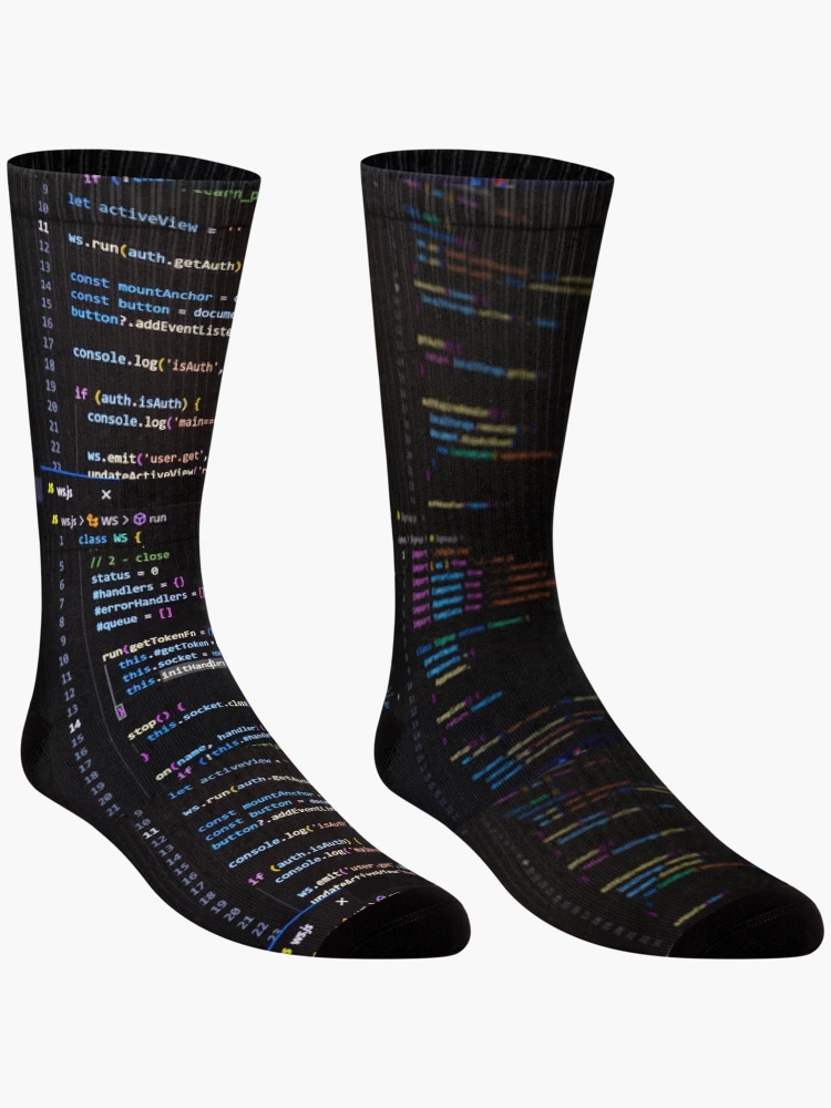 Thumbnail 3 of 5, Socks, Developer screen with code on dark background, JavaScript programming language. designed and sold by RinaZik.