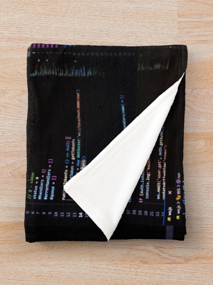 Thumbnail 3 of 6, Throw Blanket, Developer screen with code on dark background, JavaScript programming language. designed and sold by RinaZik.
