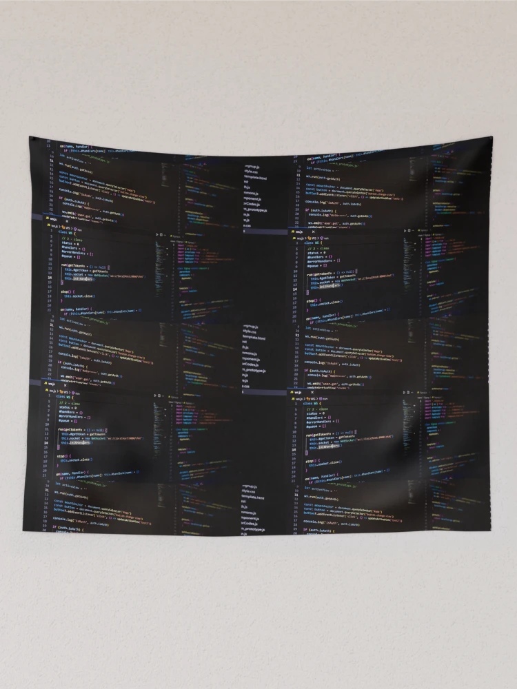 Thumbnail 2 of 3, Tapestry, Developer screen with code on dark background, JavaScript programming language. designed and sold by RinaZik.