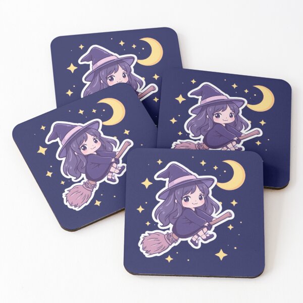 Item preview, Cute Witch Flying on Broomstick with Moon and Stars – Kawaii Halloween Art designed and sold by Tidarat-27.
