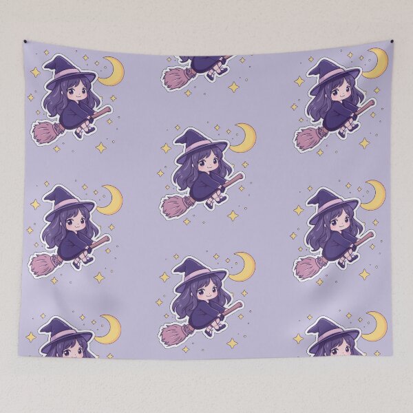 Item preview, Cute Witch Flying on Broomstick with Moon and Stars – Kawaii Halloween Art designed and sold by Tidarat-27.