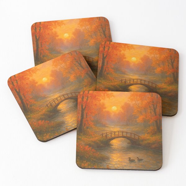 Item preview, Autumn Forest Clearing – Wooden Bridge, Pond & Golden Leaves designed and sold by Syrupulse.