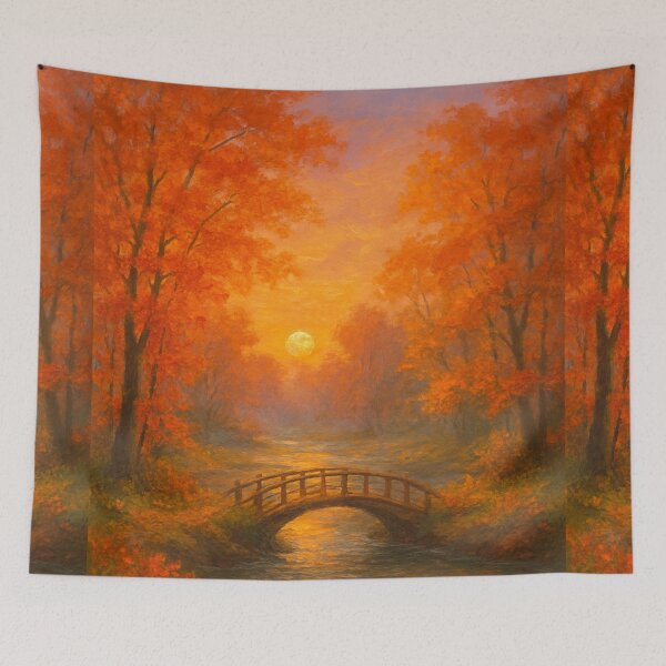 Item preview, Autumn Forest Clearing – Wooden Bridge, Pond & Golden Leaves designed and sold by Syrupulse.