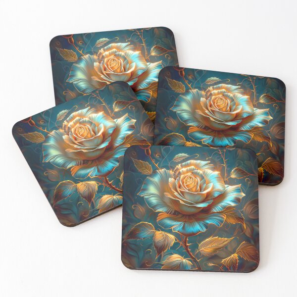 Item preview, Golden Blue Rose on Dark Teal Background – Vibrant Fantasy Floral Art designed and sold by MargaretWiktor.