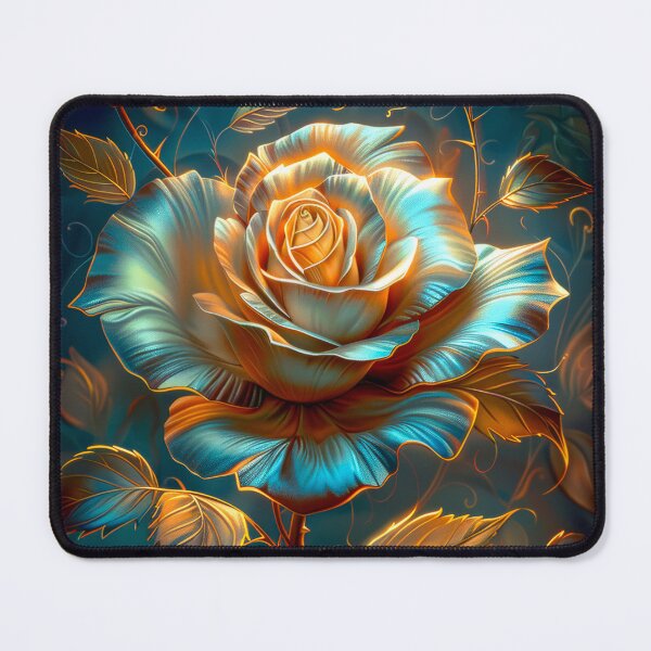 Item preview, Golden Blue Rose on Dark Teal Background – Vibrant Fantasy Floral Art designed and sold by MargaretWiktor.
