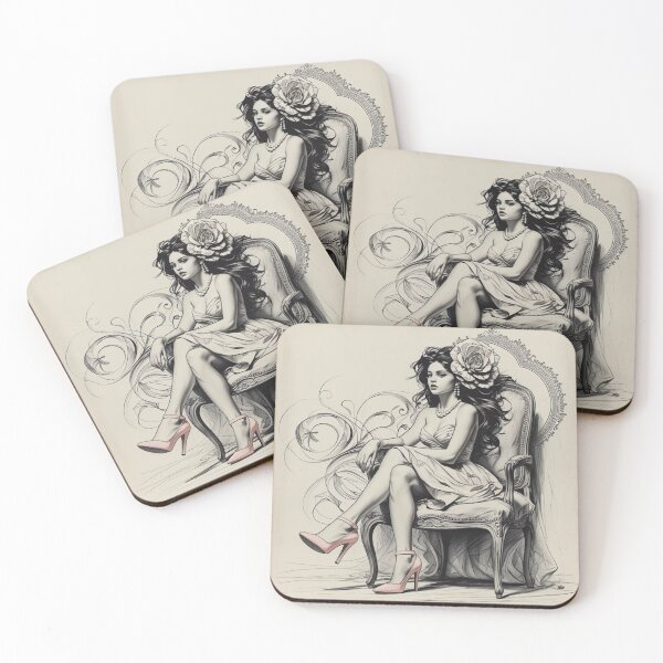 Item preview, Woman Sitting in a Vintage Chair - Pink High Heels Shoes - Long Curly Hair designed and sold by AlinaSCorner.