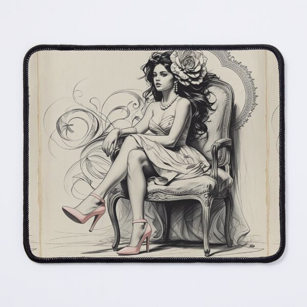 Item preview, Woman Sitting in a Vintage Chair - Pink High Heels Shoes - Long Curly Hair designed and sold by AlinaSCorner.