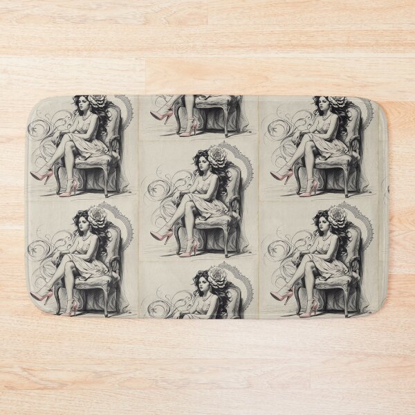 Item preview, Woman Sitting in a Vintage Chair - Pink High Heels Shoes - Long Curly Hair designed and sold by AlinaSCorner.