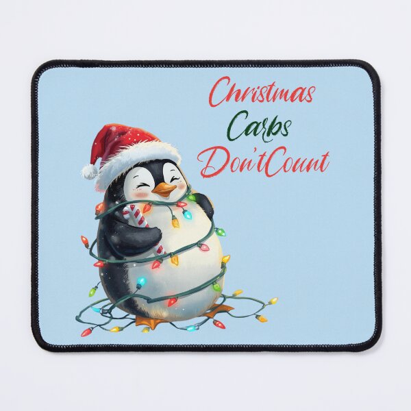 Item preview, Christmas Carbs Don’t Count Funny Penguin T-Shirt – Cute Holiday Santa Hat Penguin Wrapped in Lights Candy Cane Christmas Design designed and sold by KimmiesColors.