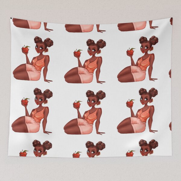 Item preview, Playful dark-skinned cartoon girl with afro hair holding an apple designed and sold by JuKoArt.