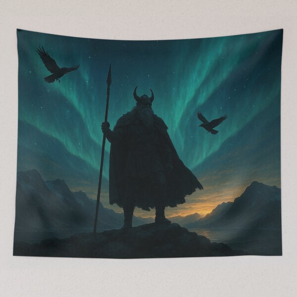Item preview, Odin with Ravens Under the Northern Lights – Epic Norse Mythology Art Print designed and sold by NorseDrip.