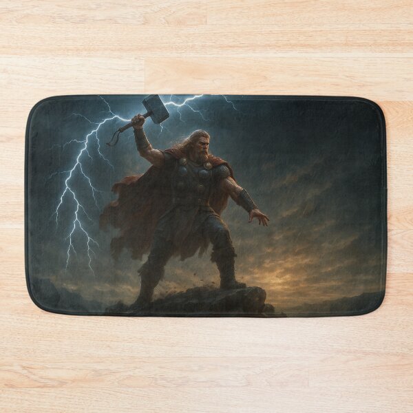 Item preview, Thor with Mjölnir Summoning Lightning – Epic Viking God Wall Art designed and sold by NorseDrip.