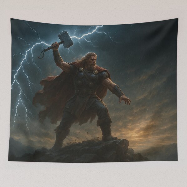 Item preview, Thor with Mjölnir Summoning Lightning – Epic Viking God Wall Art designed and sold by NorseDrip.