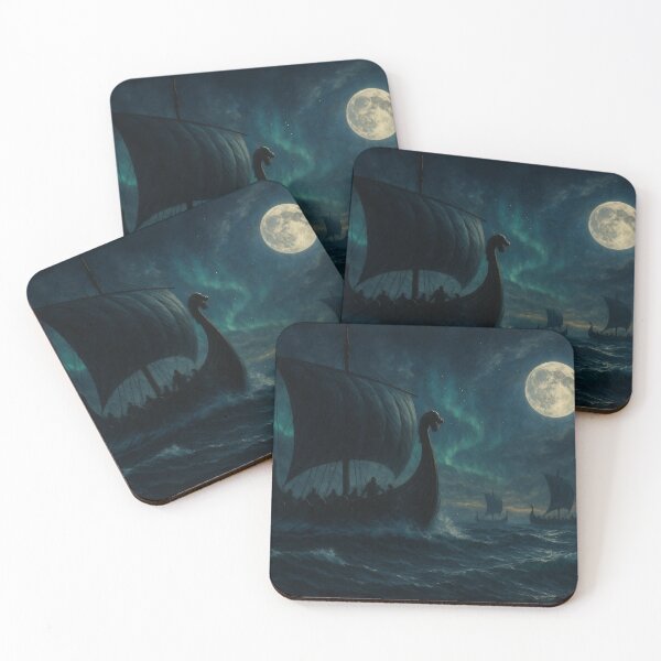 Item preview, Viking Longships on a Stormy Sea under the Moon and Northern Lights – Epic Nordic Wall Art designed and sold by NorseDrip.